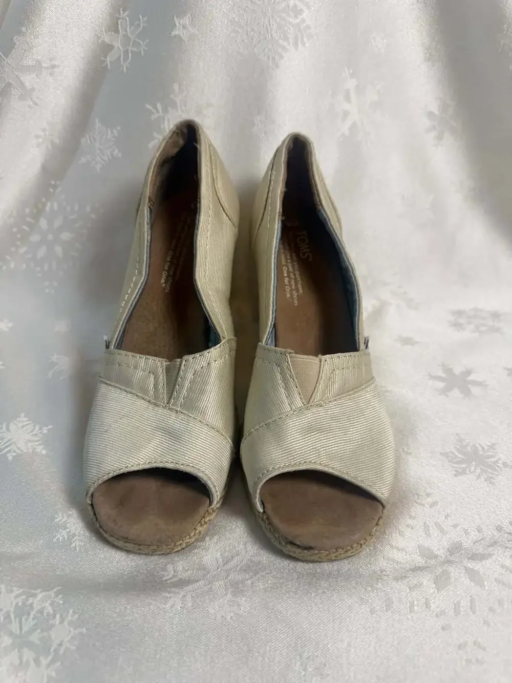 TOMS Beige Canvas Espadrille Peep Toe Wedge Heels